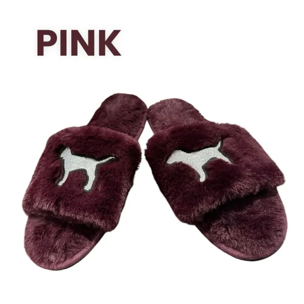 PINK VS Victoria's Secret Dog Purple Ultra Fluffy Slide Sandals Slippers 9 10
